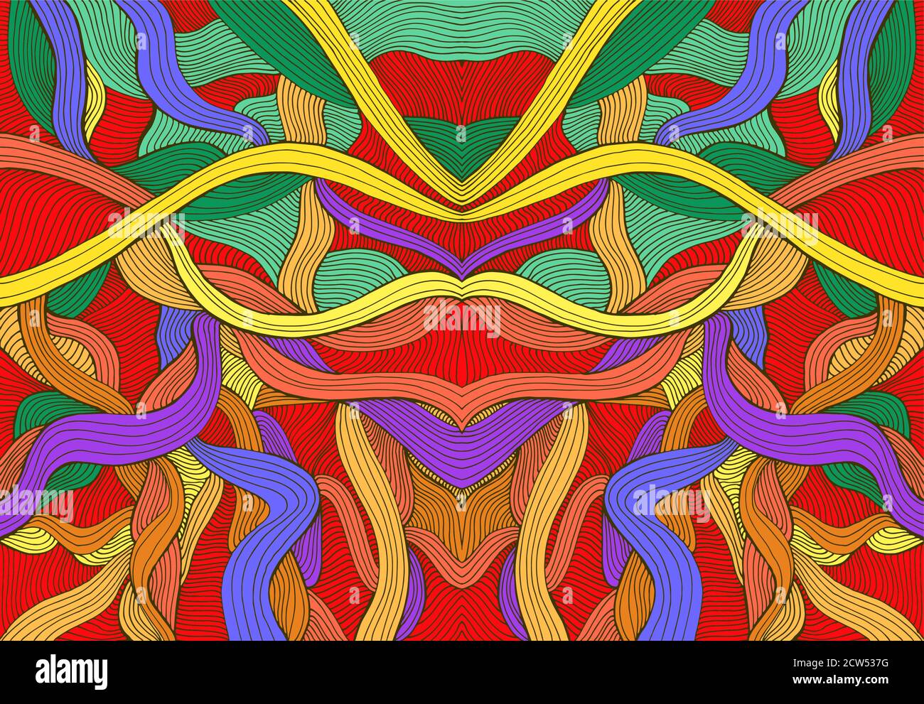 Colorful abstract symmetrical psychedelic pattern with intricate bright lines. Stock Vector