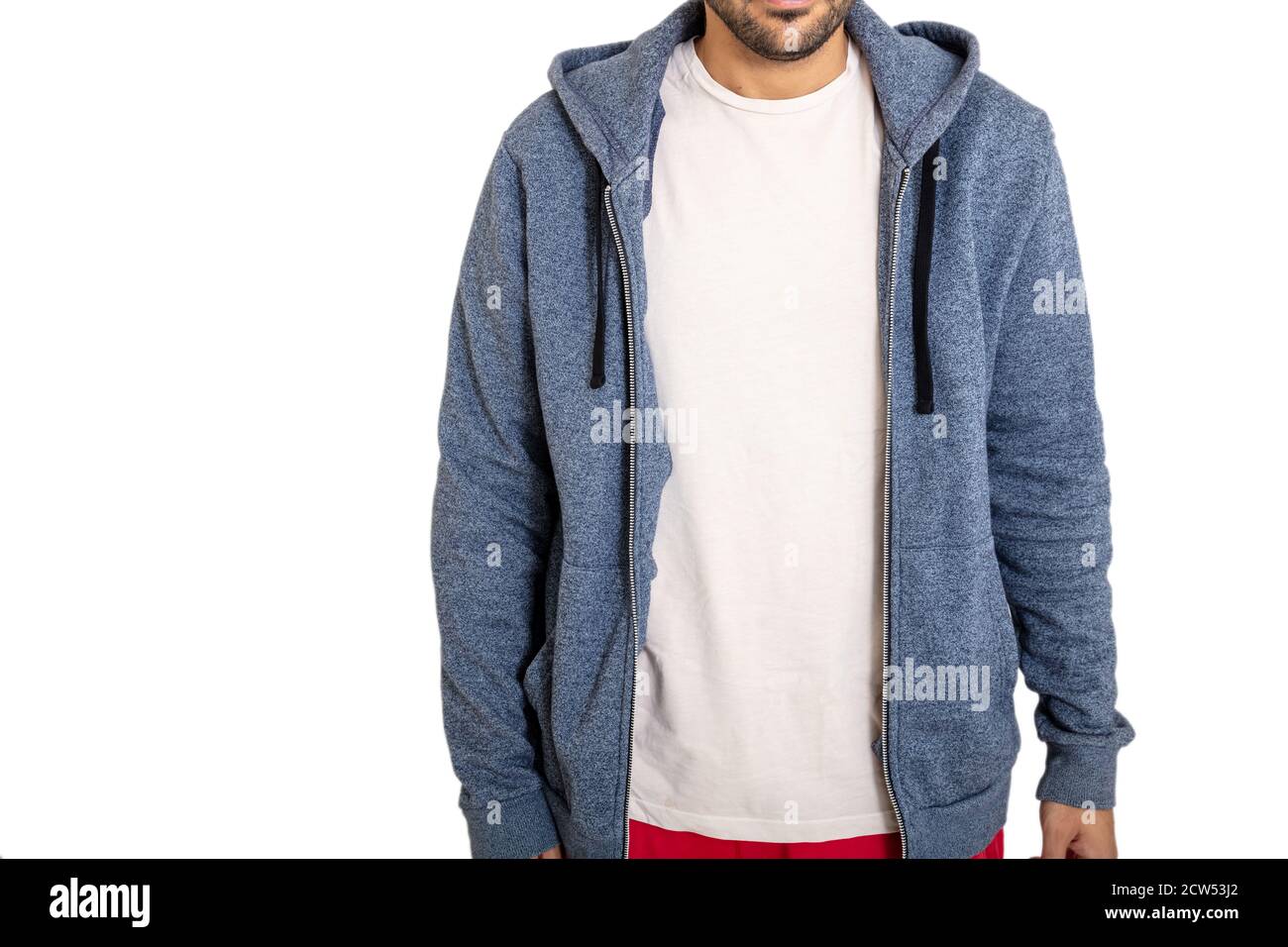 Young man wearing a blank t shirt and a gray blue color hoodie isolated against white background, closeup view. Casual male apparel, advertise templat Stock Photo