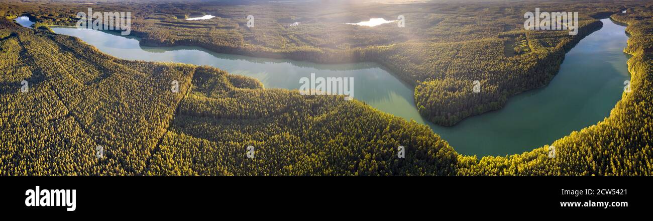 Panorama of Dluzek Lake on Mazury from drone, Poland Stock Photo