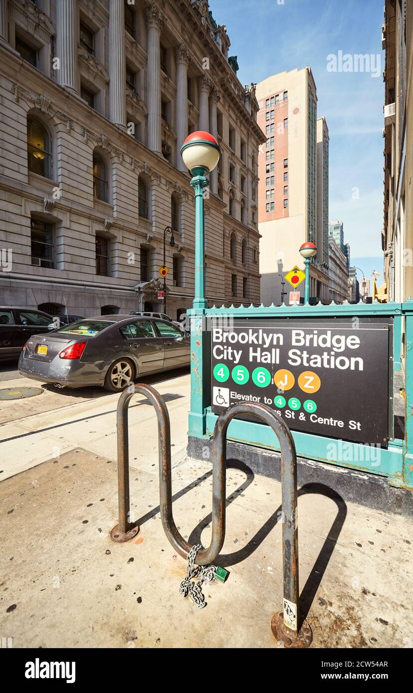 New York, USA - September 13, 2015: Entrance to Brooklyn Bridge and City Hall Subway Station. Stock Photo