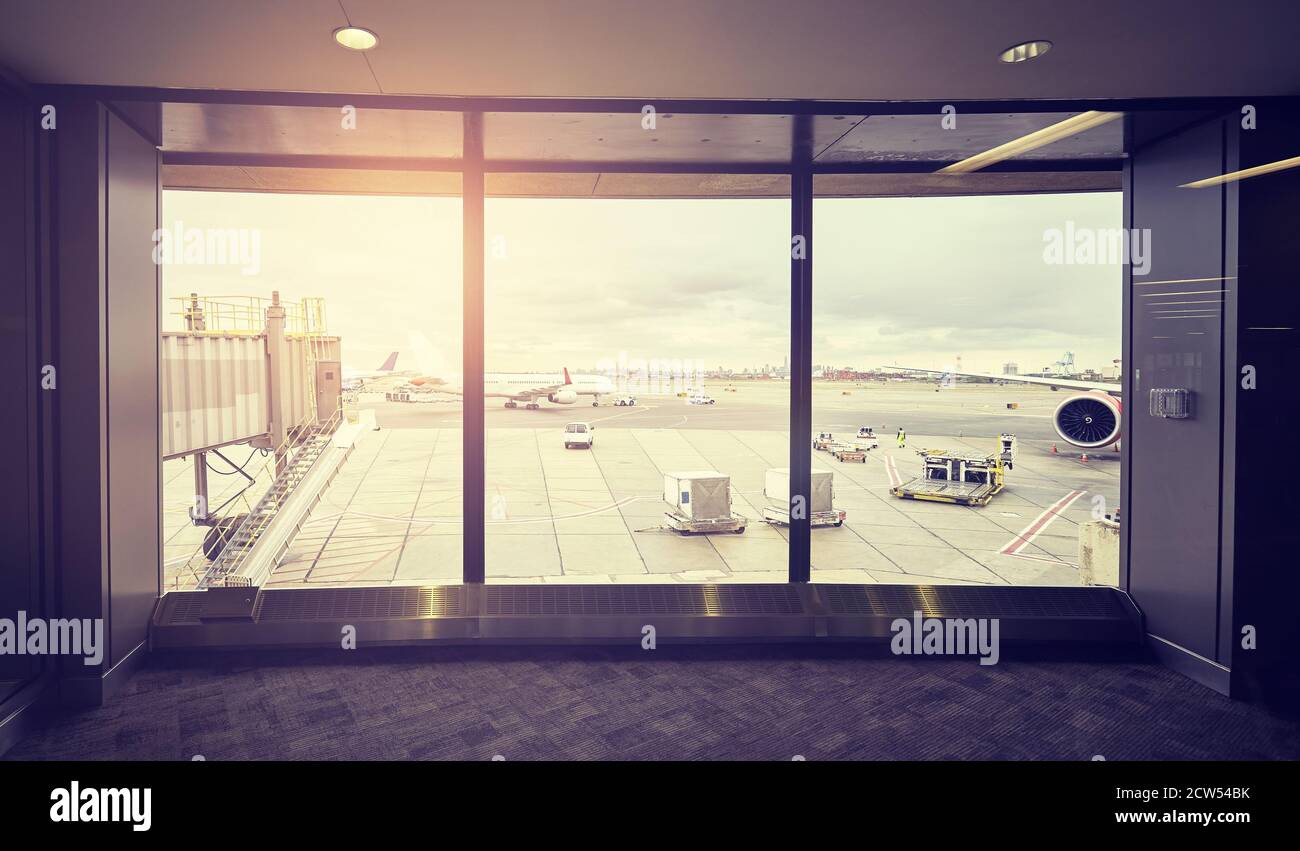 Empty airport lounge, travel concept, color toned picture. Stock Photo