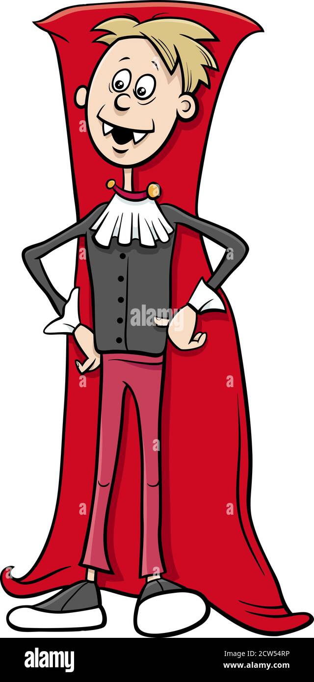 Cartoon Illustration of Boy in Vampire Dracula Costume at Halloween Party or Masked Ball Stock Vector