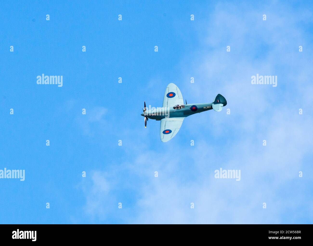 Spitfire aeroplane aircraft seen during the NHS Spitfire flypast in September 2020  over Leighton Hospital  Crewe  Cheshire England Stock Photo