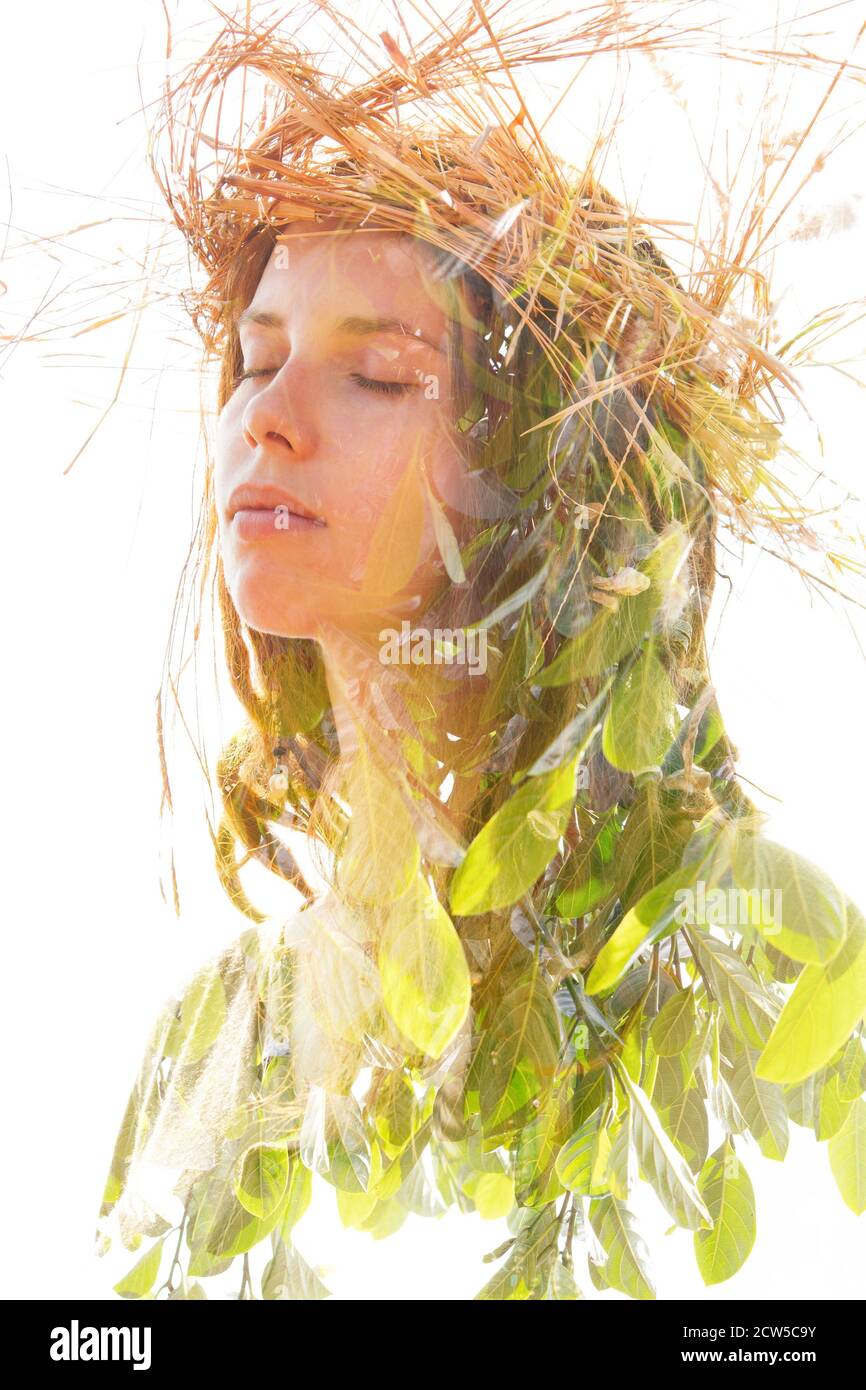 Young woman double exposure portrait with leaves Stock Photo - Alamy