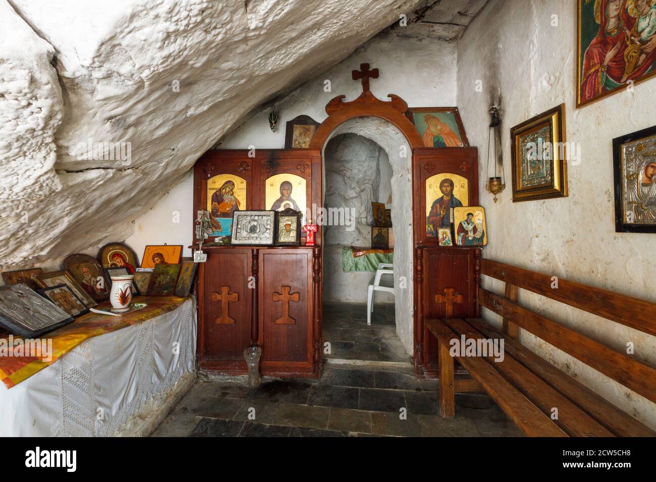 Inside the cave chapel of Panagia Kryfti (Hidden Virgin Mary), a small church built within rocks, near Plomari village, in southeastern Lesvos island Stock Photo
