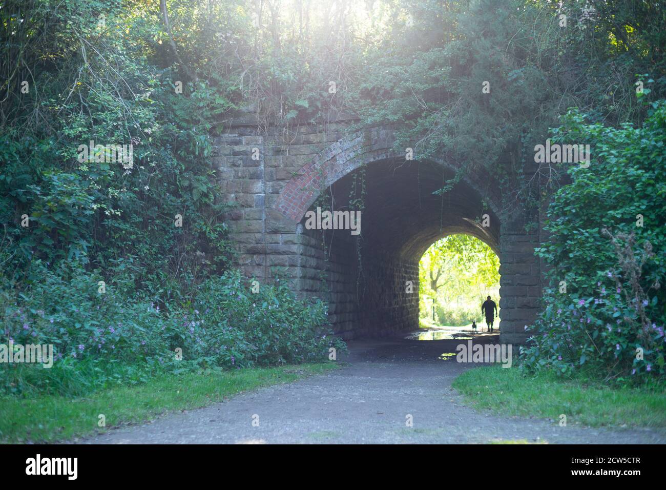 Light at the end of the tunnel - site of the long since closed Molyneux Brow Railway Station, Clifton, England UK. Person standing in tunnel, walking Stock Photo