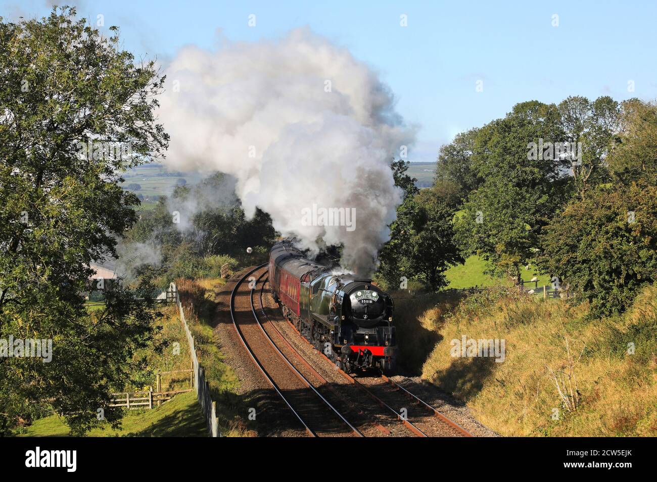 35018 British India Lines departs from Hellifield with the Lune Rivers tour to Scarborough on 26.9.20. Stock Photo