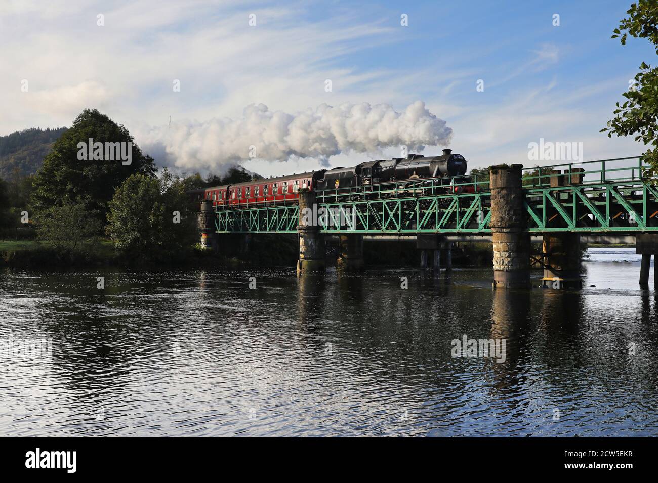 45407 heads over the Lochy bridge with the morning Jacobite service to Mallaig on 23.9.20. Stock Photo