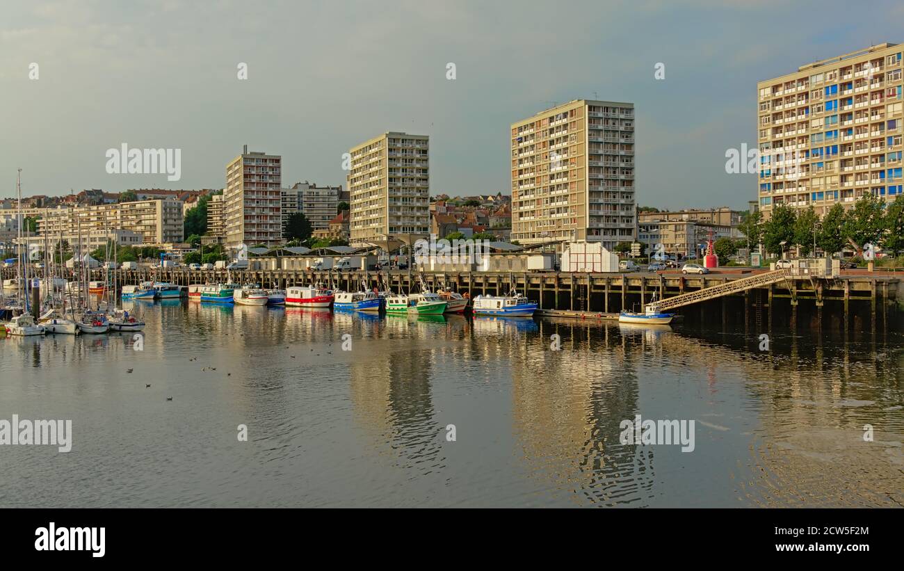 Harbor of Boulogne Sur Mer, France, with leisure boats and Gambetta apartment buildings Stock Photo