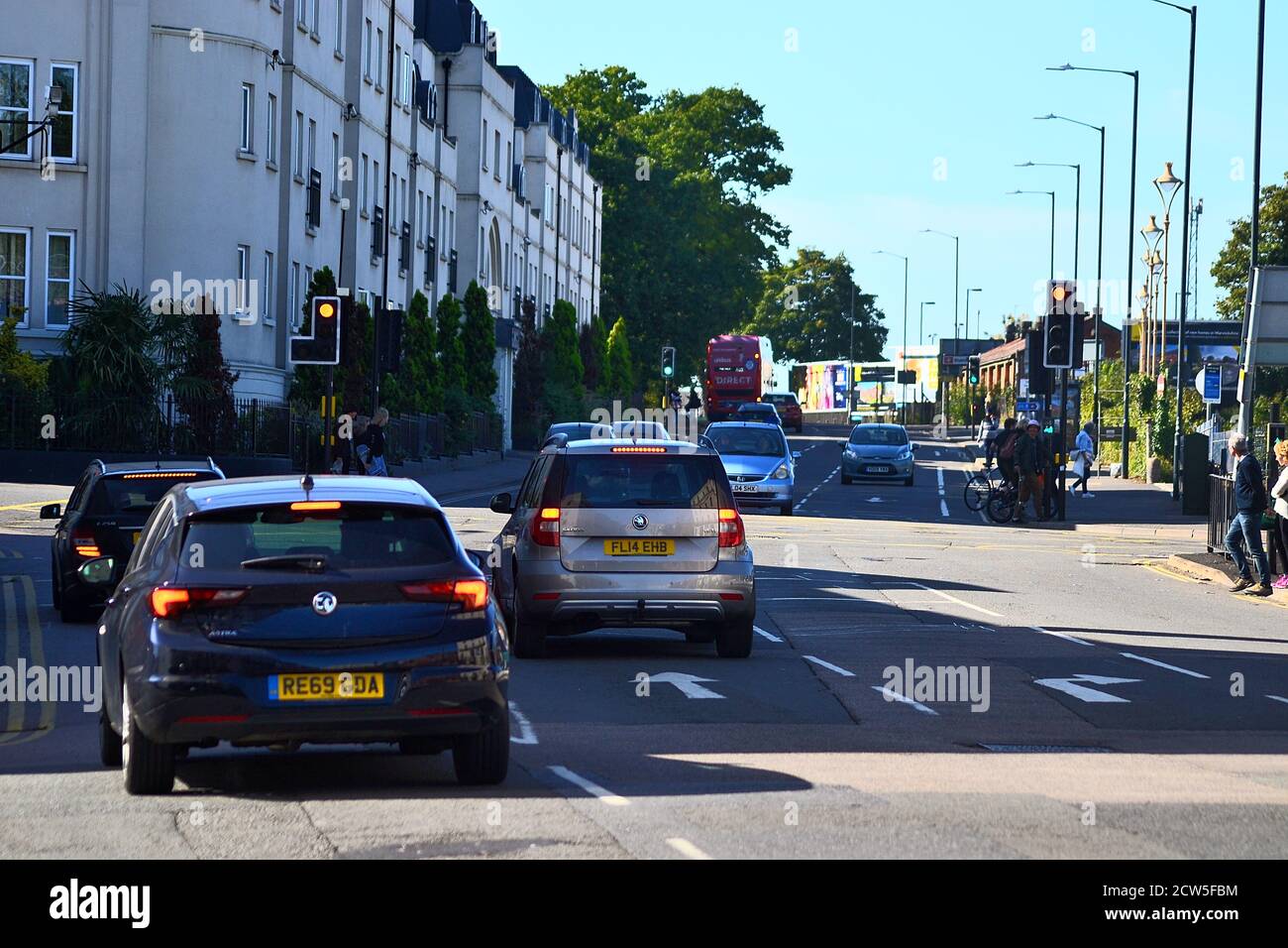 Cars waiting at the traffic lights on Old Warwick Road, Leamington Spa
