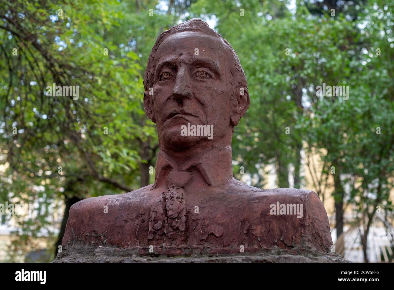 Marcel Duchamp bust and sculpture made of red stone by the artist Georgi Donov in the Royal Garden of Sofia Bulgaria Stock Photo