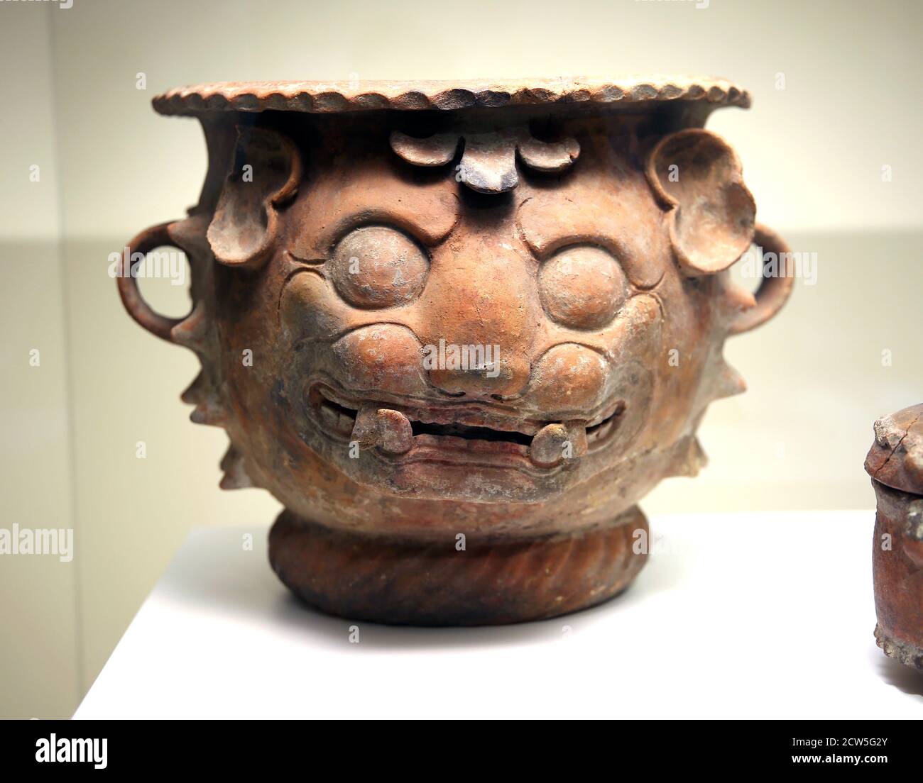 Handled censer with jaguar head. Incense burner. (300-900 AD) pottery Mayan art. Pre Columbian. Museum of World Cultures, Barcelona. Stock Photo