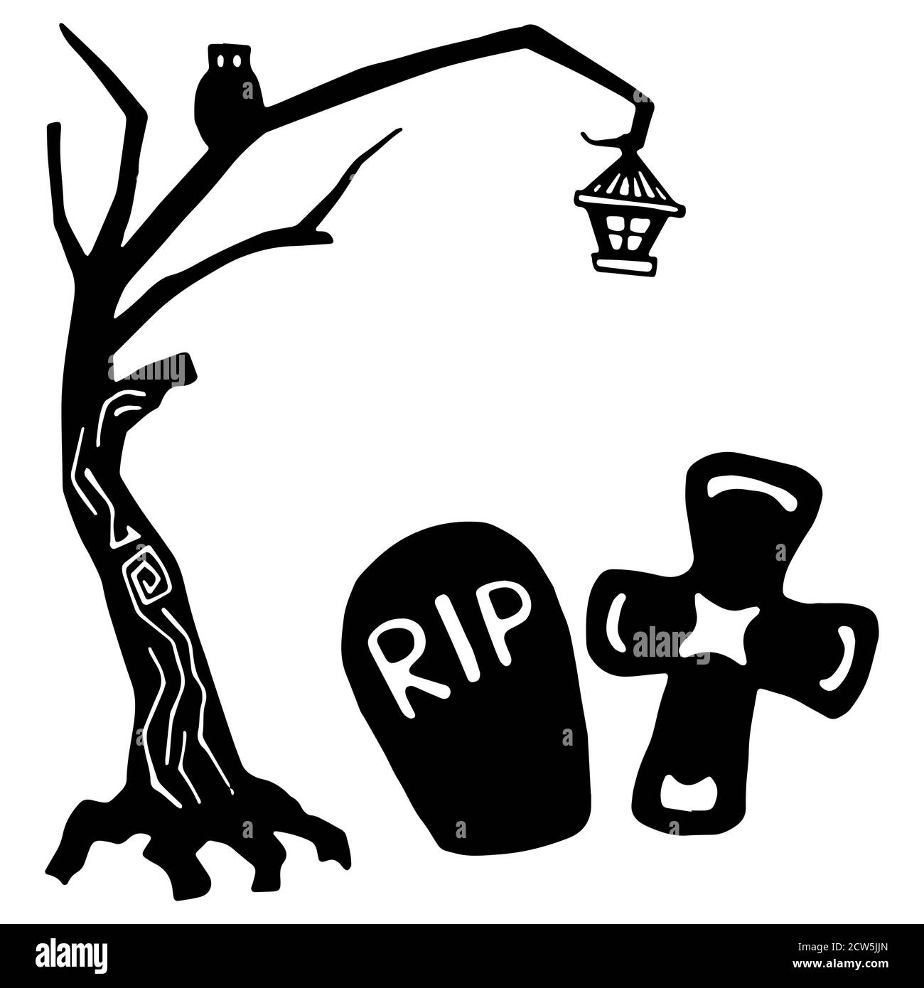 RIP gravestone and cross on white isolated backdrop. Spooky tree for invitation or gift card, notebook, bath tile, scrapbook. Phone case or cloth prin Stock Vector