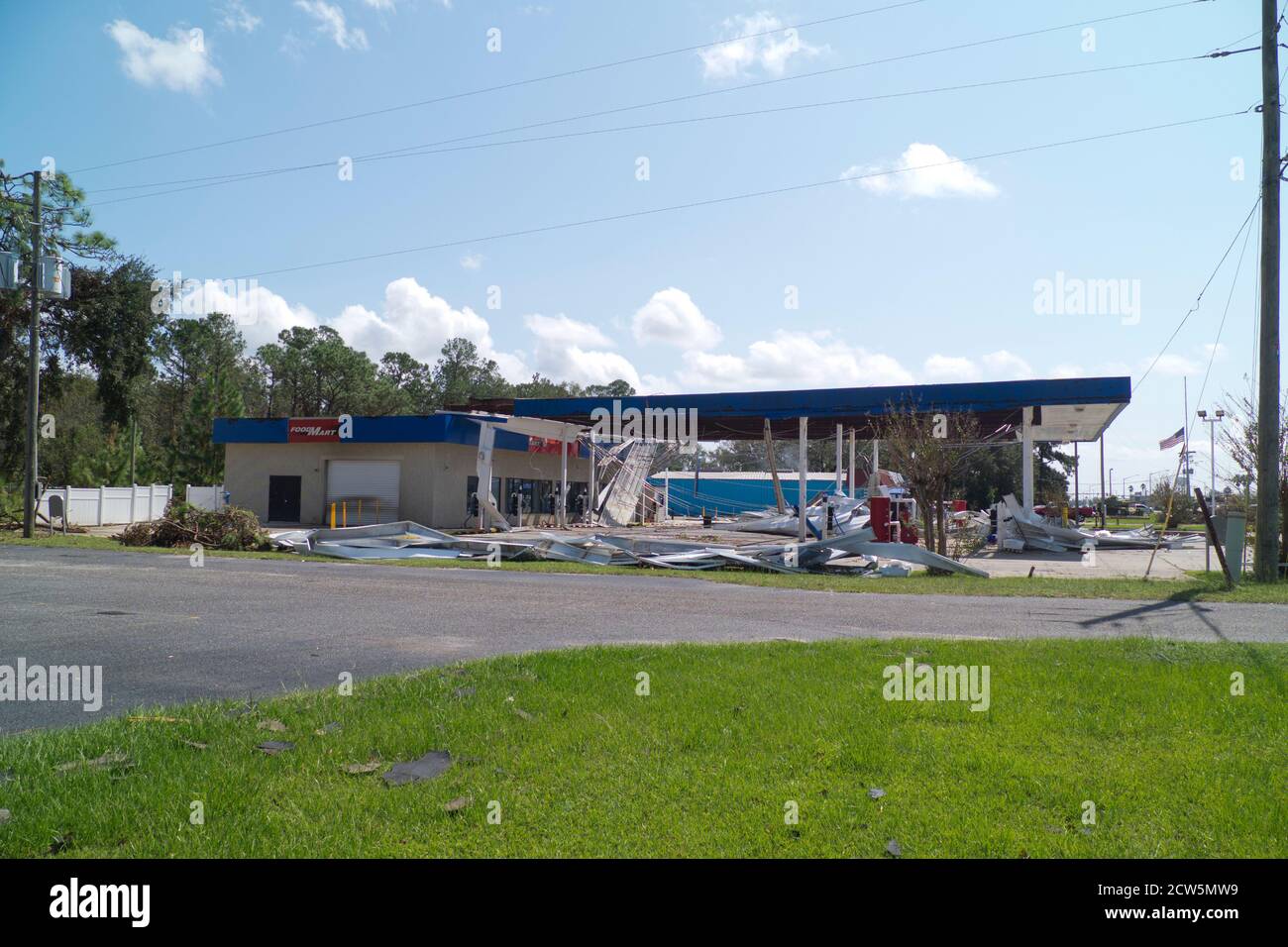 Massive damage at a convenience store in Foley, Alabama following Hurricane Sally. Stock Photo