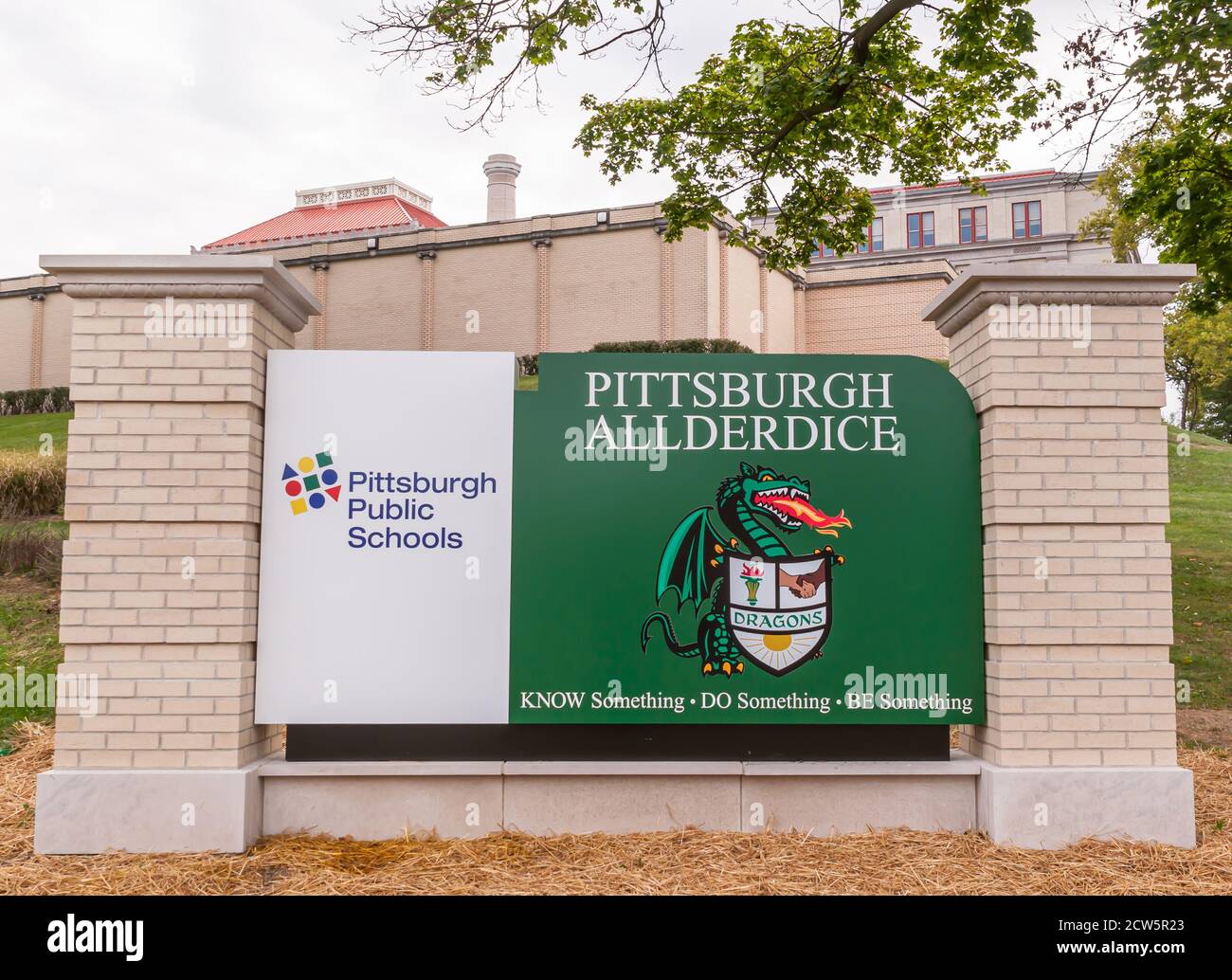 The sign in front of Taylor Allderdice High School, a Pittsburgh Public