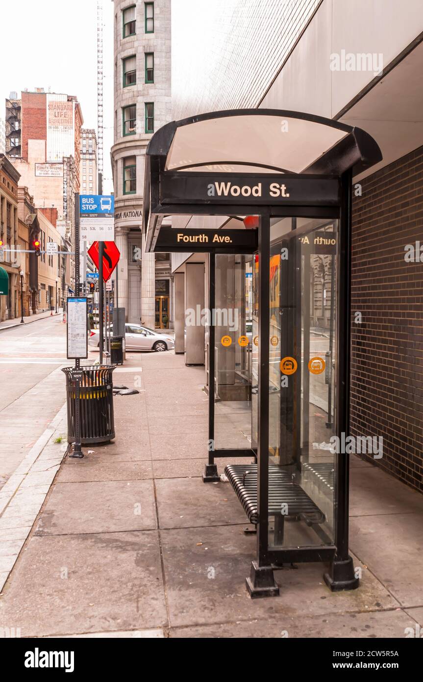 A bus stop shelter owned by the Allegheny County Port Authority on