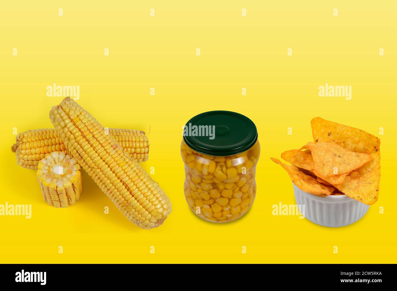 example of a fresh product, minimally processed and ultraprocessed with corn Stock Photo Alamy