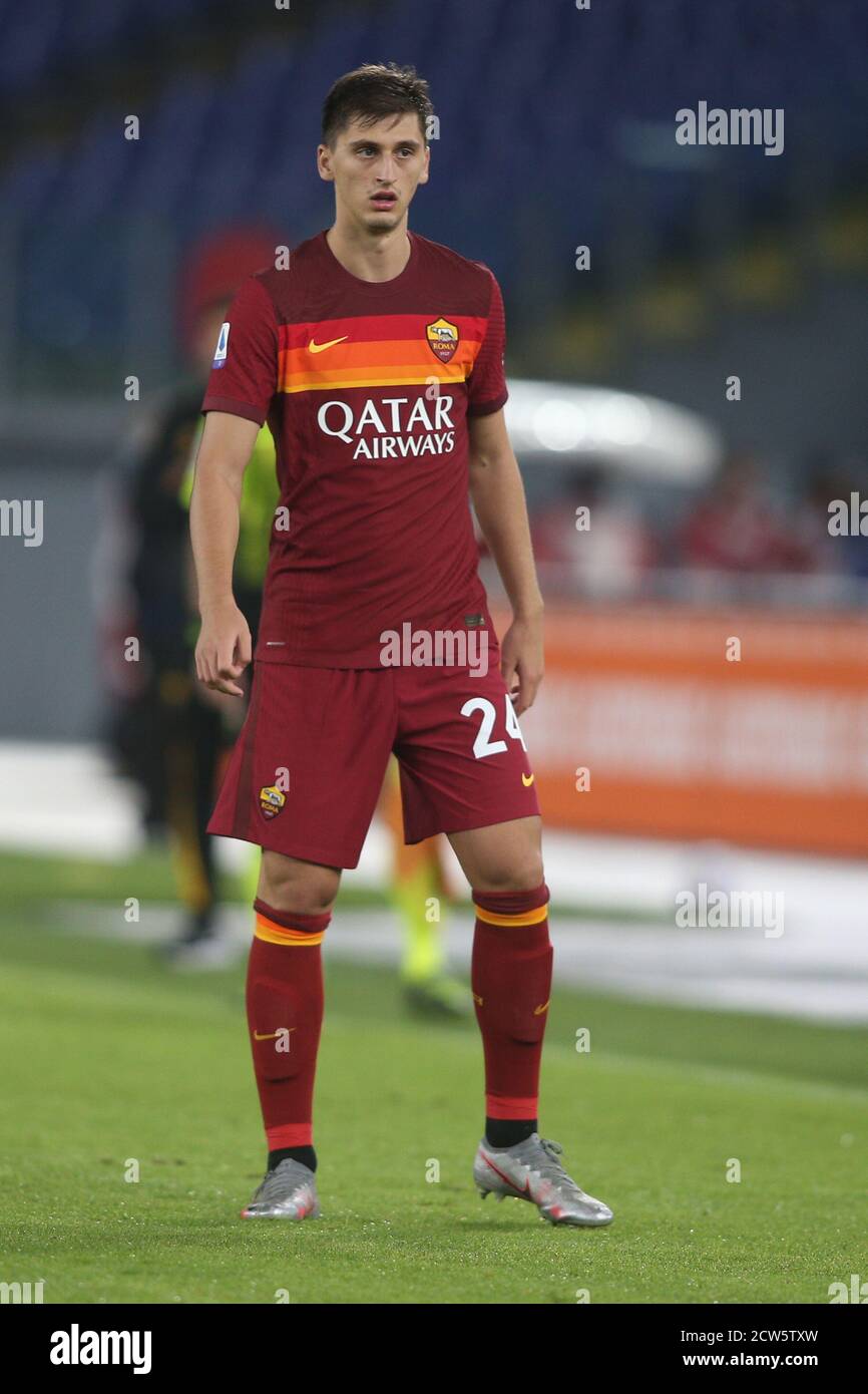 Rome Italy 27th Sep Rome Italy 27 09 Marash Kumbulla As Roma In Action During The Italian Serie A League 21 Soccer Match Between As Roma And Fc Juventus At Olympic