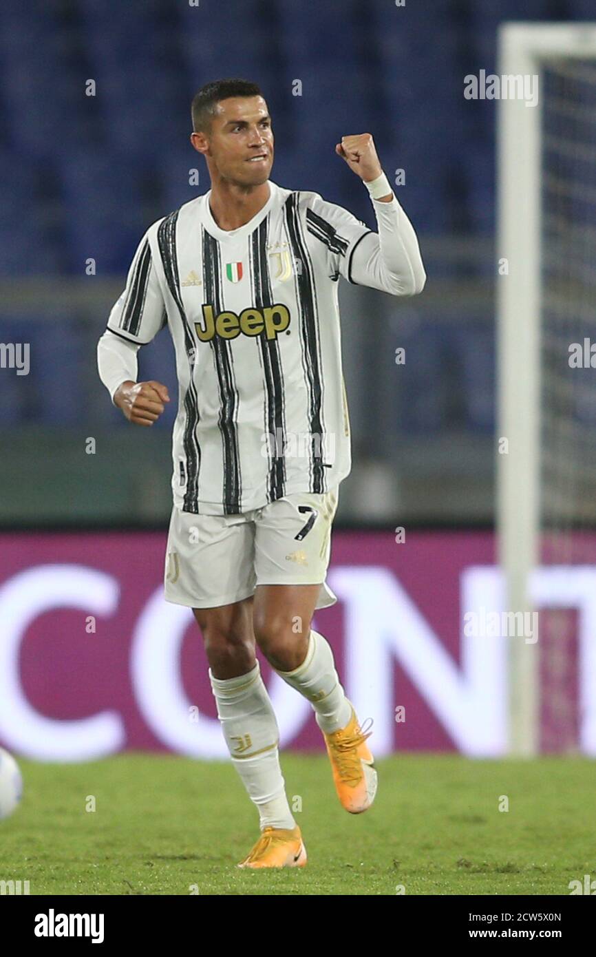 Rome, Italy. 27th Sep, 2020. Rome, Italy - 27/09/2020: CR7 CRISTIANO RONALDO  (JUVENTUS) celebrates goal during the Italian Serie A league 20/21 soccer  match between As Roma and FC Juventus, at Olympic