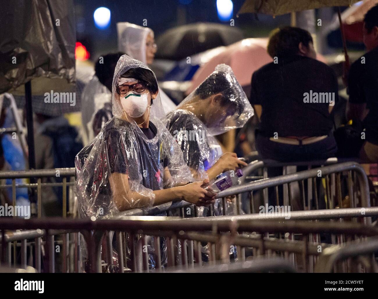 Hong Kong, Hong Kong, China. 4th Oct, 2014. Protesters, prepared to face pepper spray, outside the Chief Executives office in the LegCo building, Tamar, Admiralty. Students maintain their pro-democracy sit-in while police take no action to stop them. Credit: Jayne Russell/ZUMA Wire/Alamy Live News Stock Photo