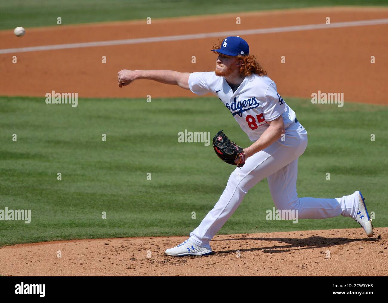 Los Angeles, United States. 27th Sep, 2020. Los Angeles Dodgers' pitcher Dustin May delivers in the third inning against the Los Angeles Angels at Dodger Stadium in Los Angeles on Sunday, September 27, 2020. The club had Dustin May and Julio Ur'as pitch bulk innings out of the bullpen after relievers opened the game for an inning or two down the stretch in preparation for the playoffs. The right-hander tossed four scoreless innings with five strikeouts, allowing two hits and walked two. Photo by Jim Ruymen/UPI Credit: UPI/Alamy Live News Stock Photo