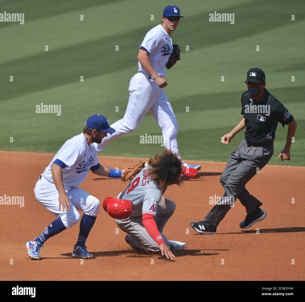 Los Angeles, United States. 27th Sep, 2020. Los Angeles Angels' Jahmai Jones is forced out on the tag by Los Angeles Dodgers' second baseman Chris Taylor but breaks up the double play in the third inning at Dodger Stadium in Los Angeles on Sunday, September 27, 2020. Photo by Jim Ruymen/UPI Credit: UPI/Alamy Live News Stock Photo