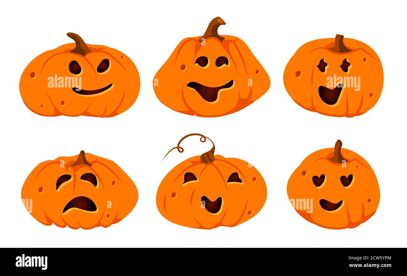Halloween pumpkins paper cut icon set. Different shapes squash with carved cute faces emotion. Sign creepy funny cutting pumpkin smile. Decor for in October horror party invitation Vector illustration Stock Vector