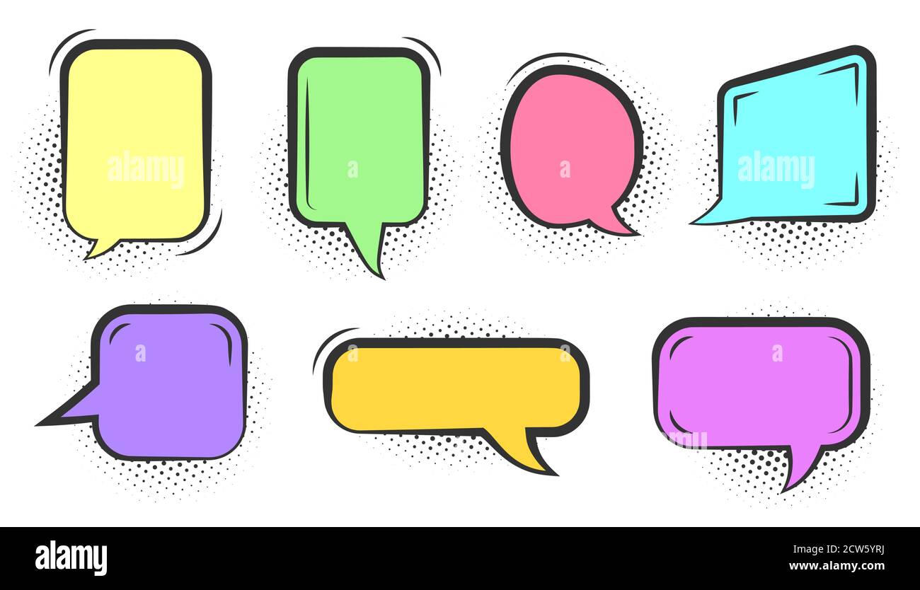 Comic speech bubble set. Cartoon empty text clouds with halftone dot shadow. Different colored blank pop art line doodle bubbles. Comics message balloon template. Isolated on white vector illustration Stock Vector Image Comic speech bubble set. Cartoon empty text clouds with halftone dot shadow. Different colored blank pop art line doodle bubbles. Comics message balloon template. Isolated on white vector illustration Stock Vector Image