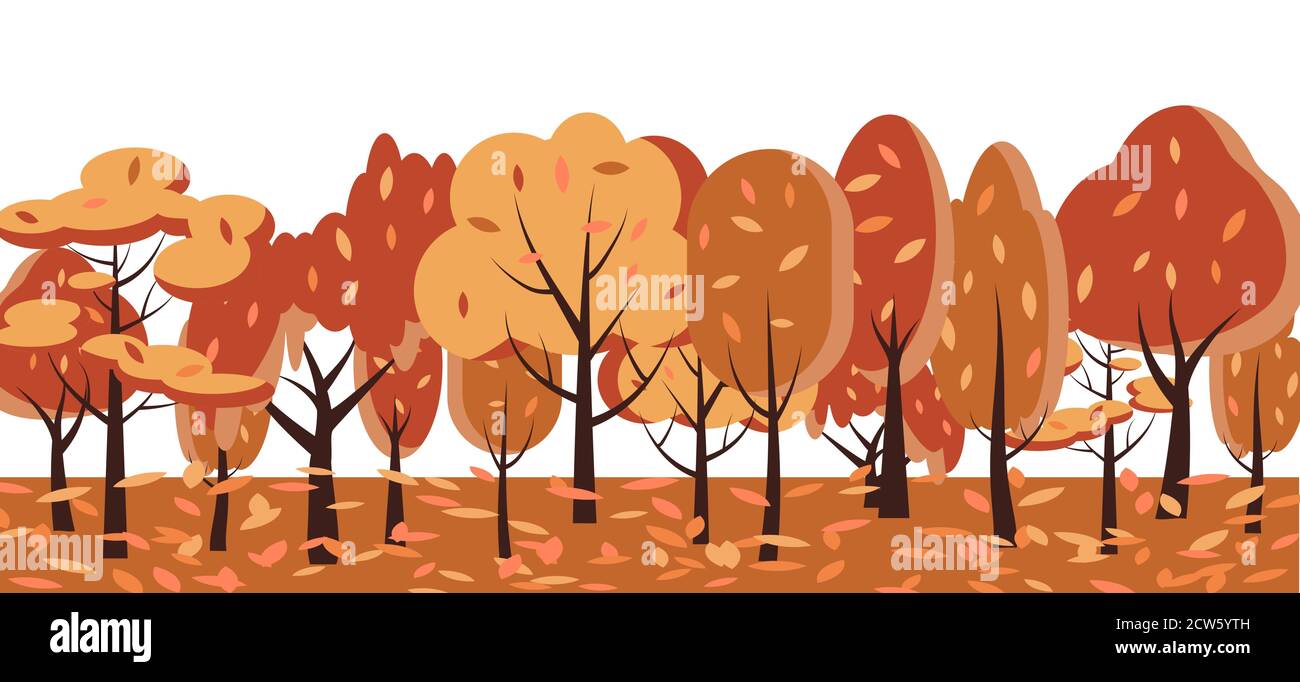 Autumn season with orange trees oak, birch, fir. Flat cartoon red nature forest landscapes. Wildlife background for banner, greeting card, poster or advertising. View of woods. Vector illustration Stock Vector