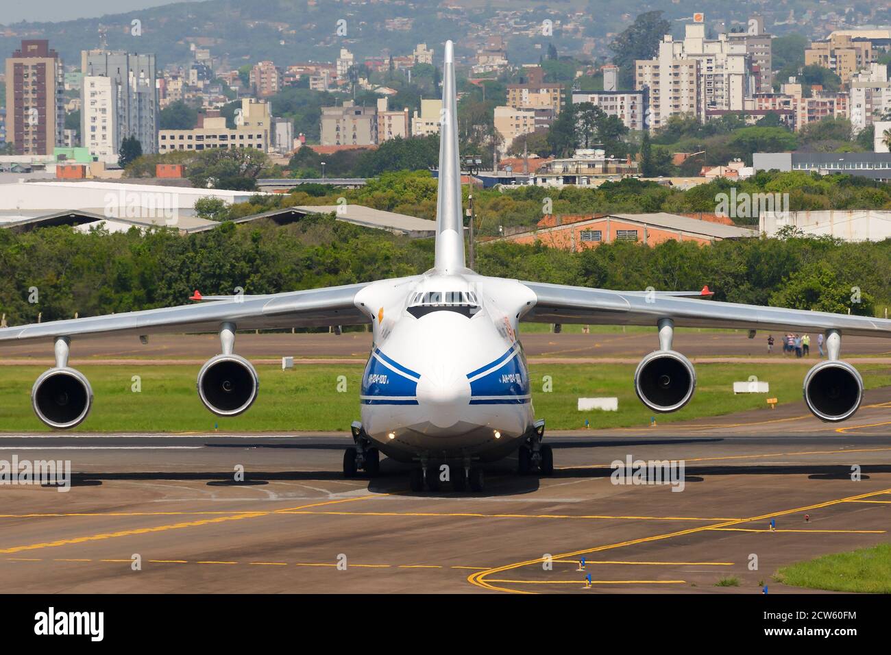 Volga Dnepr Airlines Antonov 124 landing at Porto Alegre Airport, Brazil. Huge cargo aircraft An-124. RA-82047. Russian cargo airline soviet airplane. Stock Photo