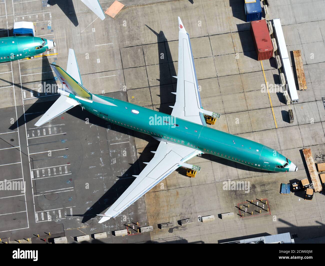 Boeing 737 Max with anti corrosion protective coat. Airplane outside Boeing Renton Factory at Renton Airport, USA. Aircraft assembled without engines. Stock Photo