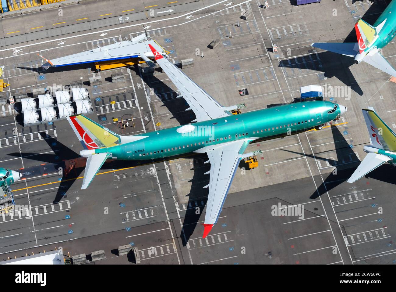 Boeing 737 Max assembled outside Boeing Renton Factory at Renton Airport, USA. Aircraft at assembly line without engines. Airliner parts. Stock Photo