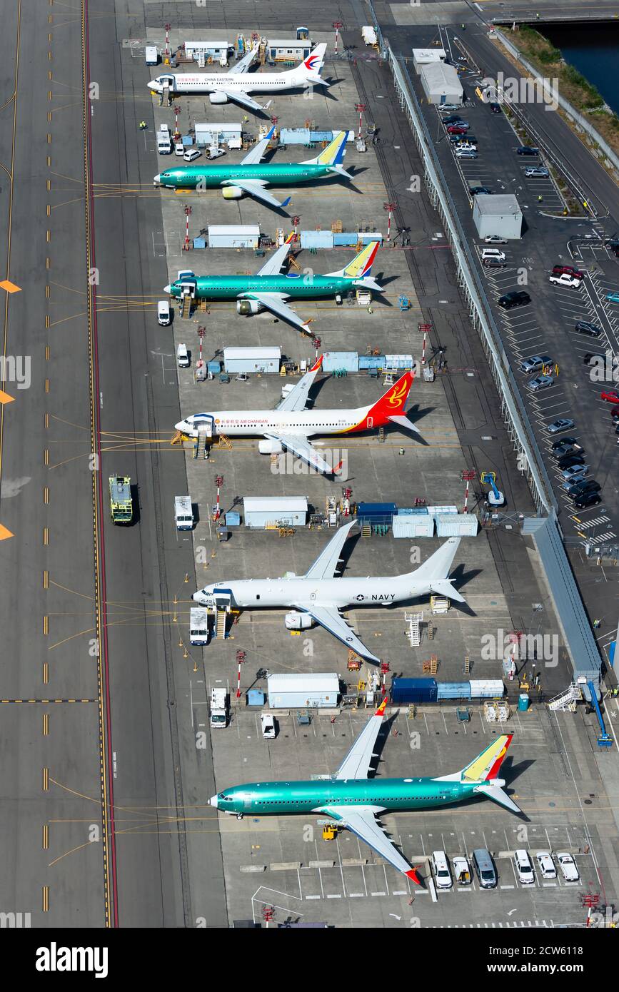 Boeing 737 Max test flight line outside Boeing Factory assembly at Renton Municipal Airport. Multiple newly assembled Boeing 737 aerial view. Stock Photo