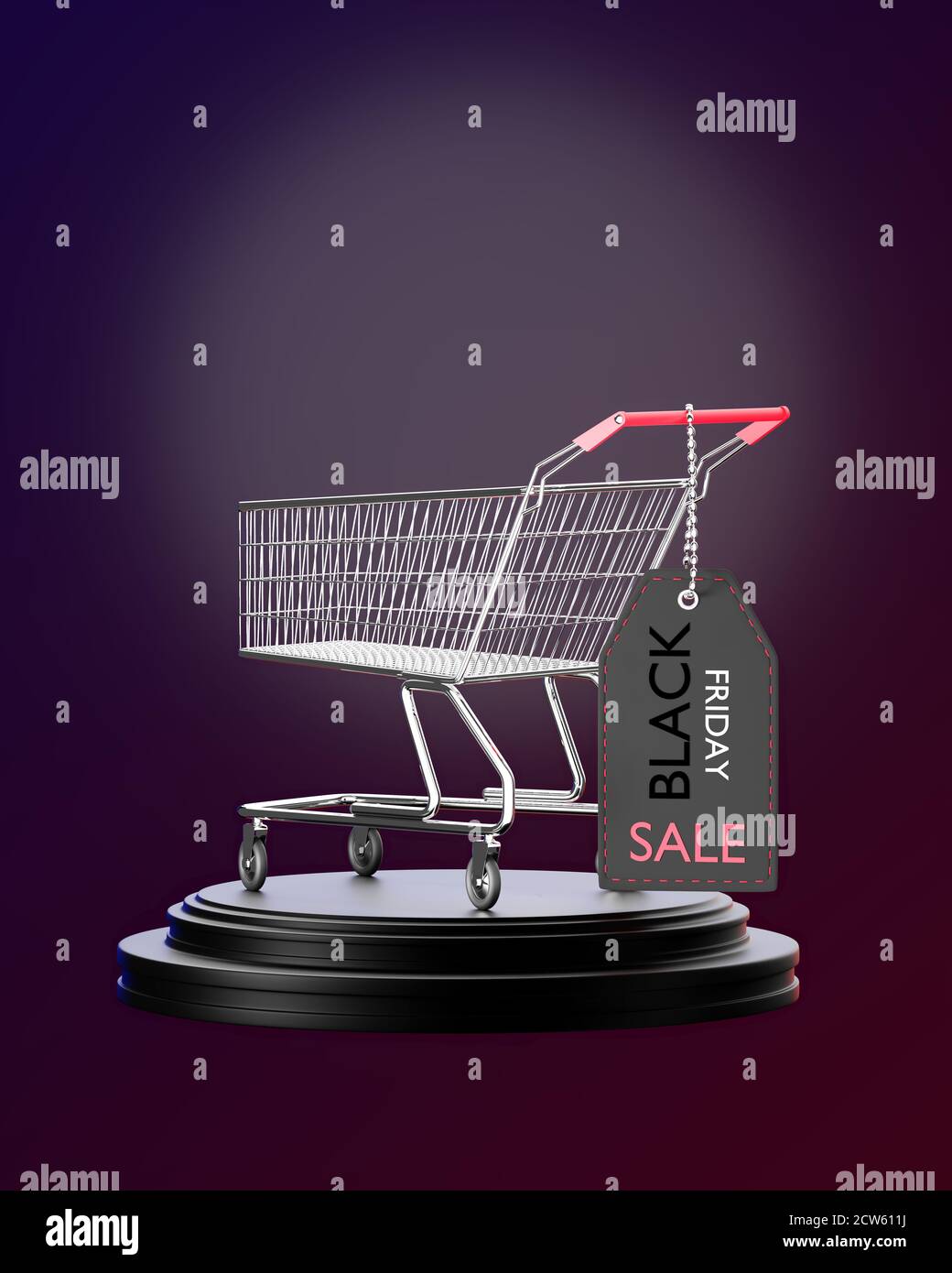 A shopping cart is parked on a black podium and a price tag is hung on the cart handle in darkness. Concept of the shopping season on weekends of Nove Stock Photo
