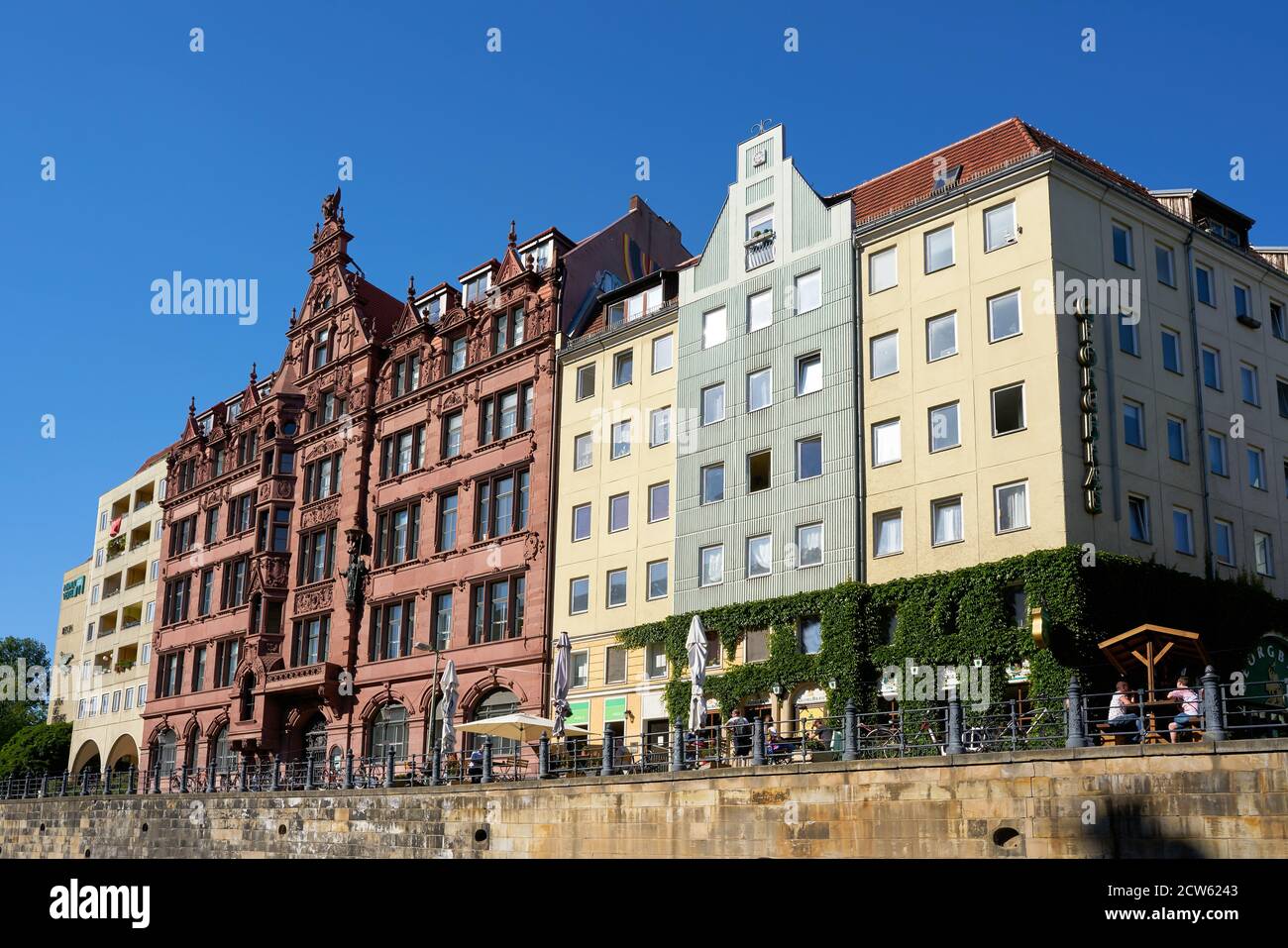 buildings in the Nikolai-Quarter in Berlin seen from the river Spree Stock Photo