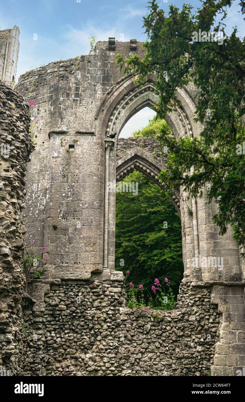 Glastonbury Abbey Ruins, Gothic styled double arches in the north walls of the main section of the old church. Blue sky. No people. Copy space. Stock Photo
