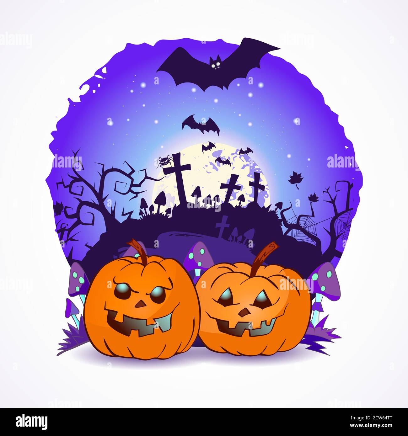 Halloween vector illustration with pumpkins heads on the night sky ...