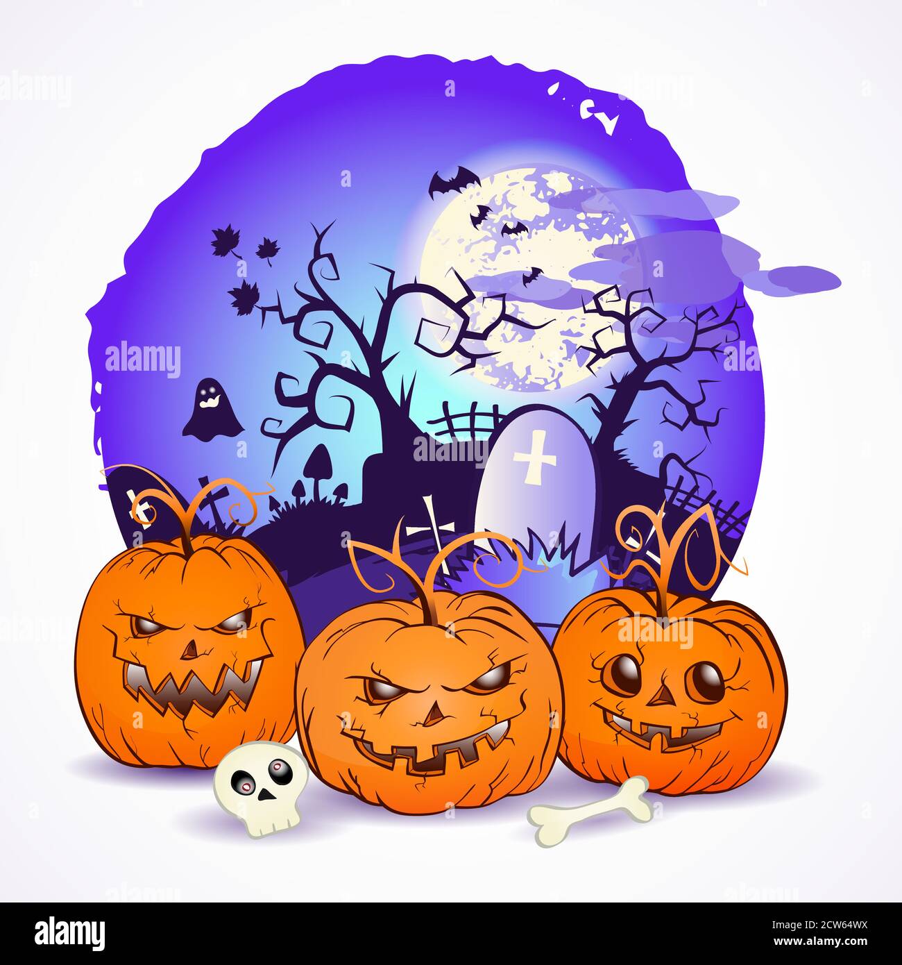 Halloween Vector Illustration With Pumpkins Heads And Scull On The 