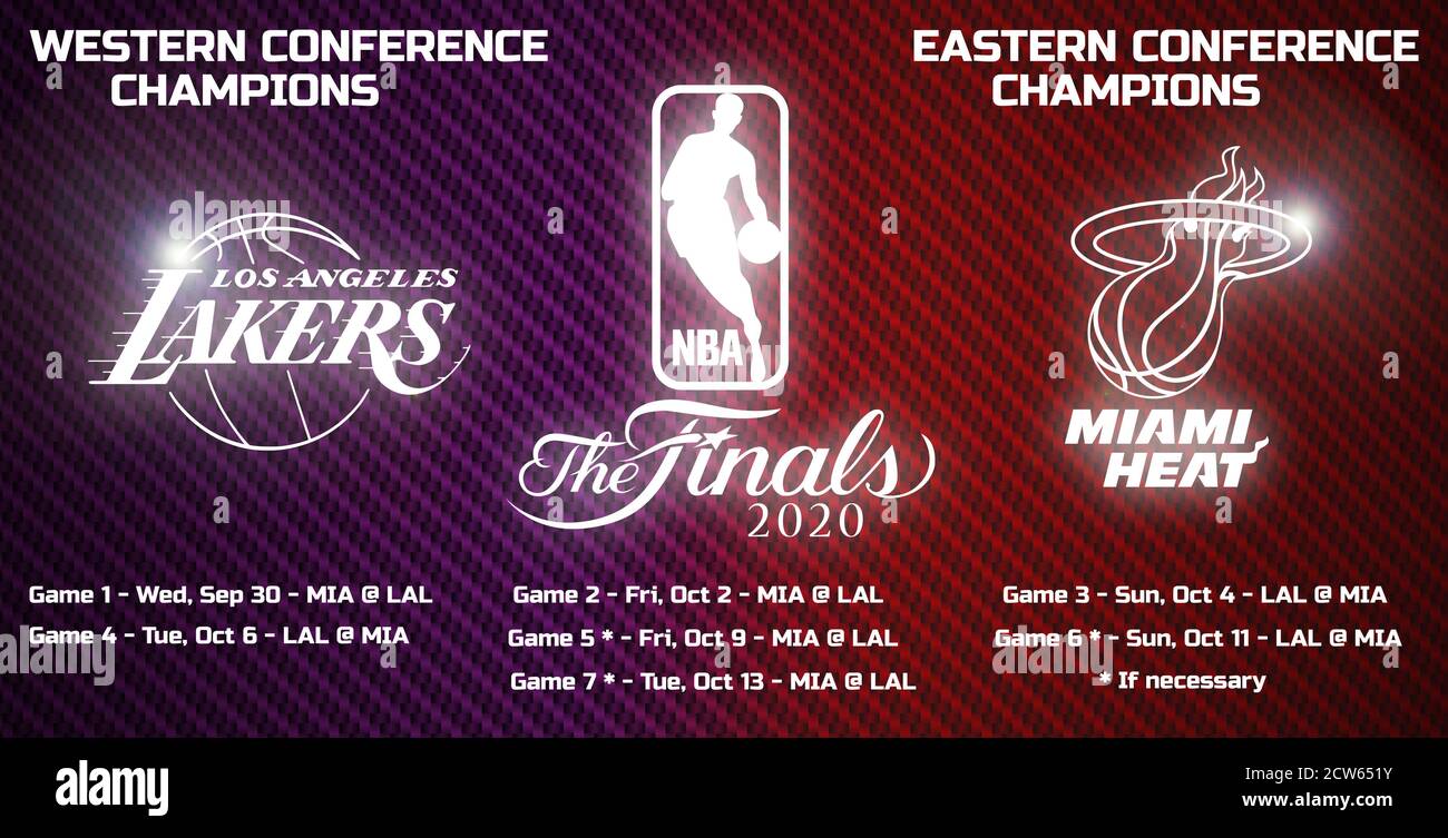 Graphics Glowing logos of the NBA Finals, Los Angeles Lakers and Miami