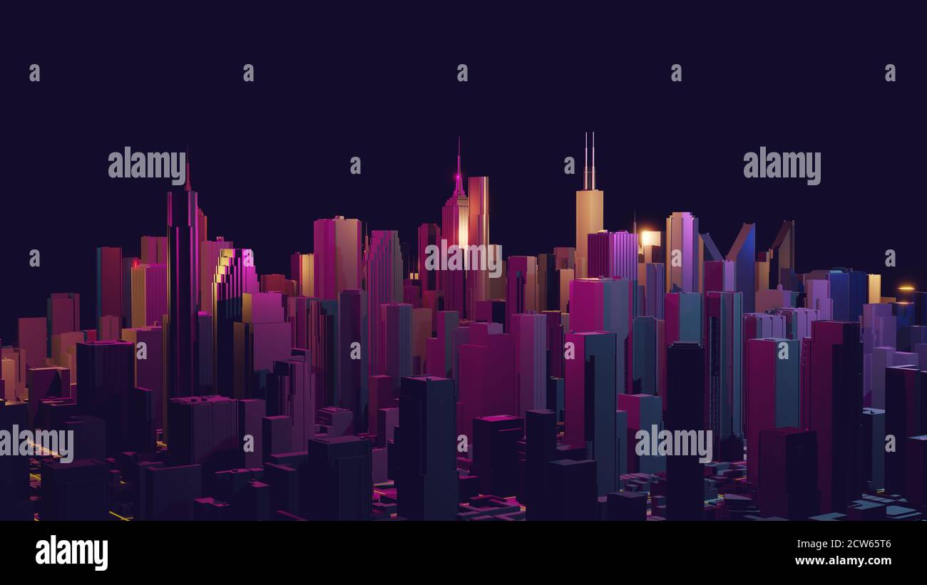 Neon cityscape wallpaper with purple and blue hues