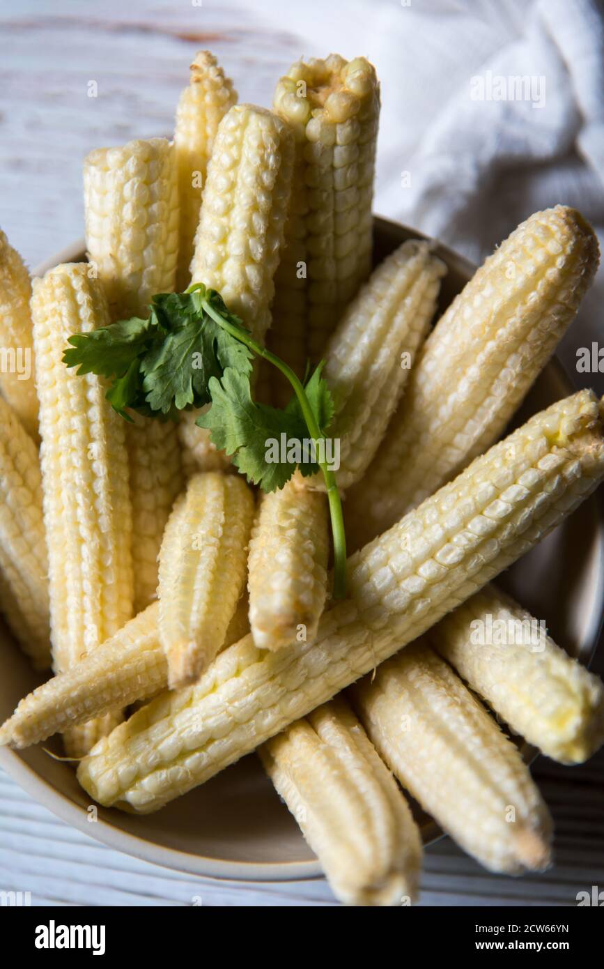 Top view of fresh baby corns in a bowl. Stock Photo