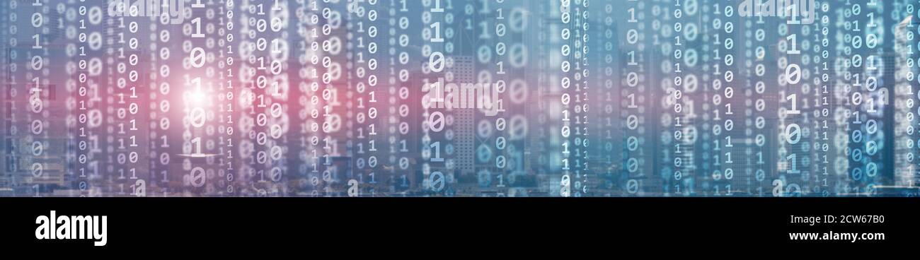 Binary computer code virtual city skyline. Matrix Mixed Media Background. Stock Photo