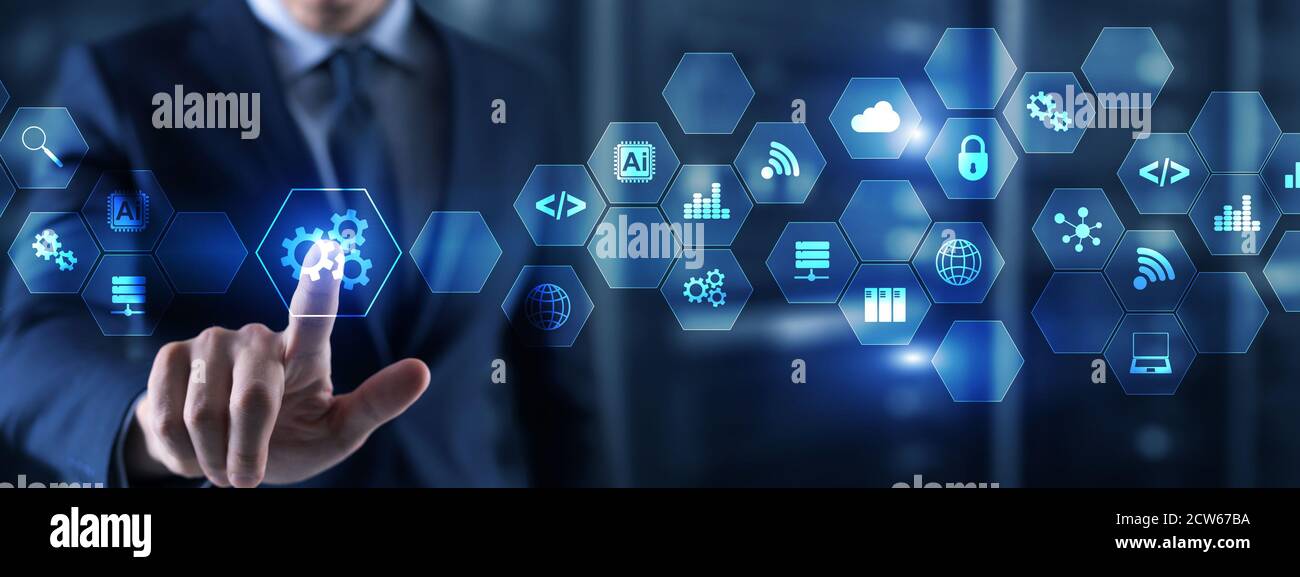 Automation Machine Technology Innovation Concept 2021. Man clicks on a virtual screen. Stock Photo