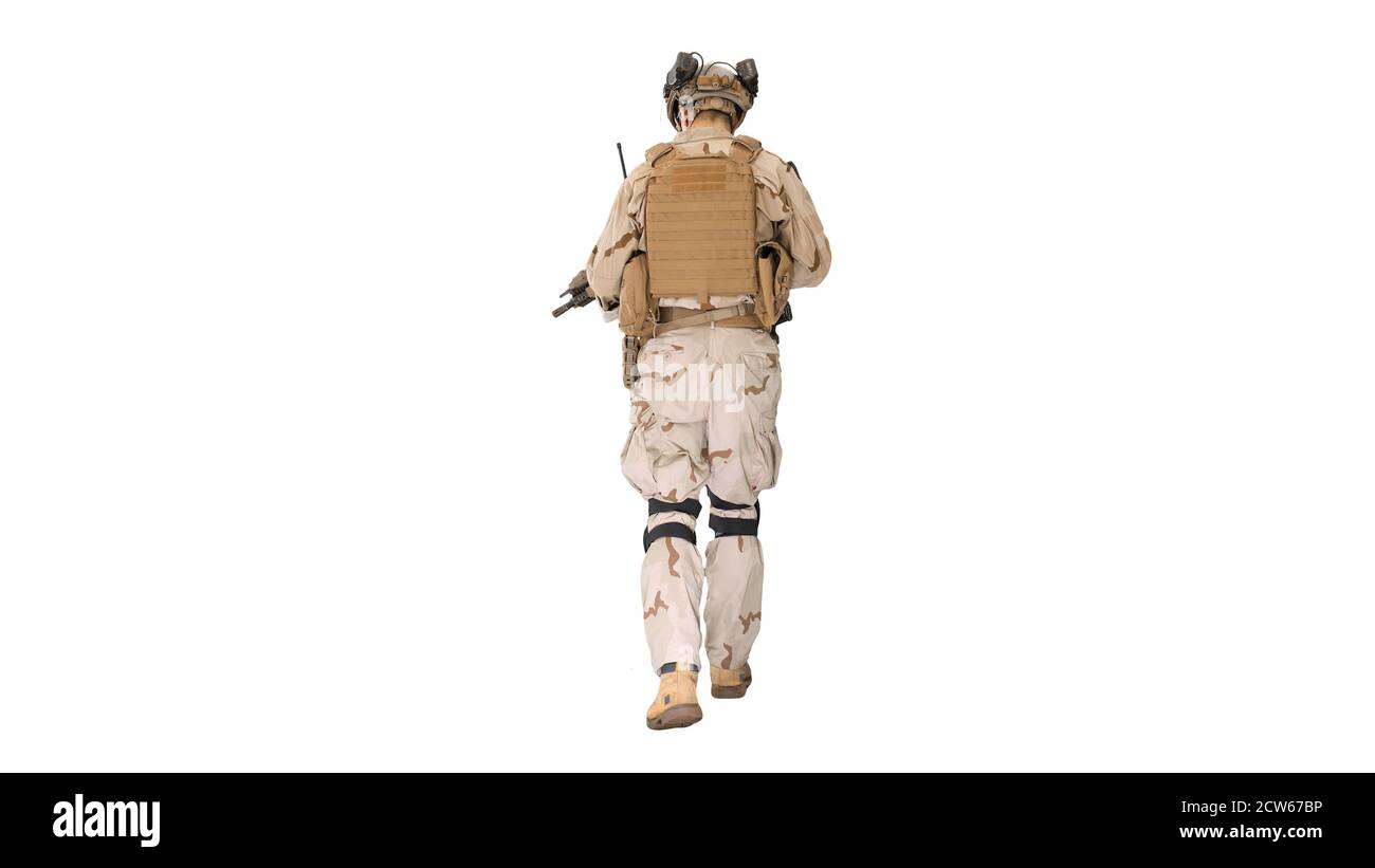 US Army ranger in combat uniform walking on white background. Stock Photo