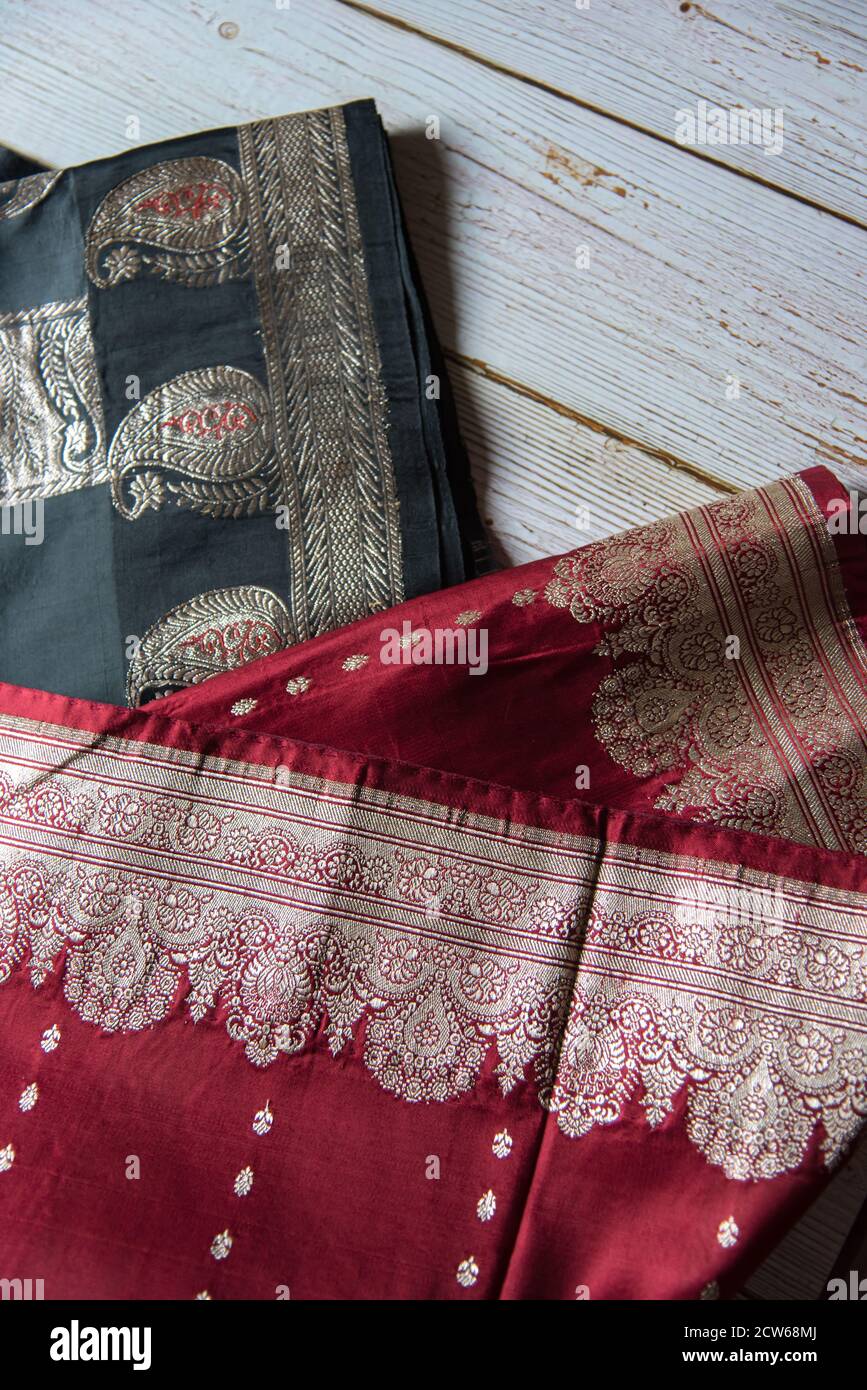 View from top of traditional benarasi silk sari on a background Stock Photo