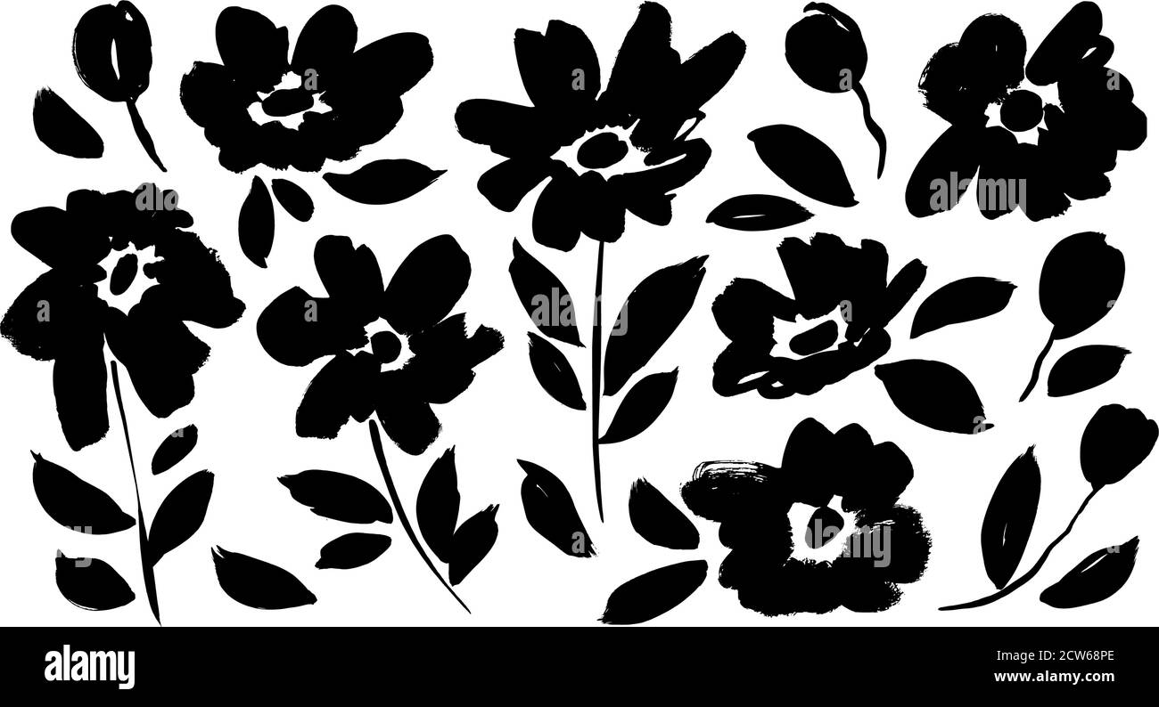 Spring flowers hand drawn vector silhouettes set. Stock Vector