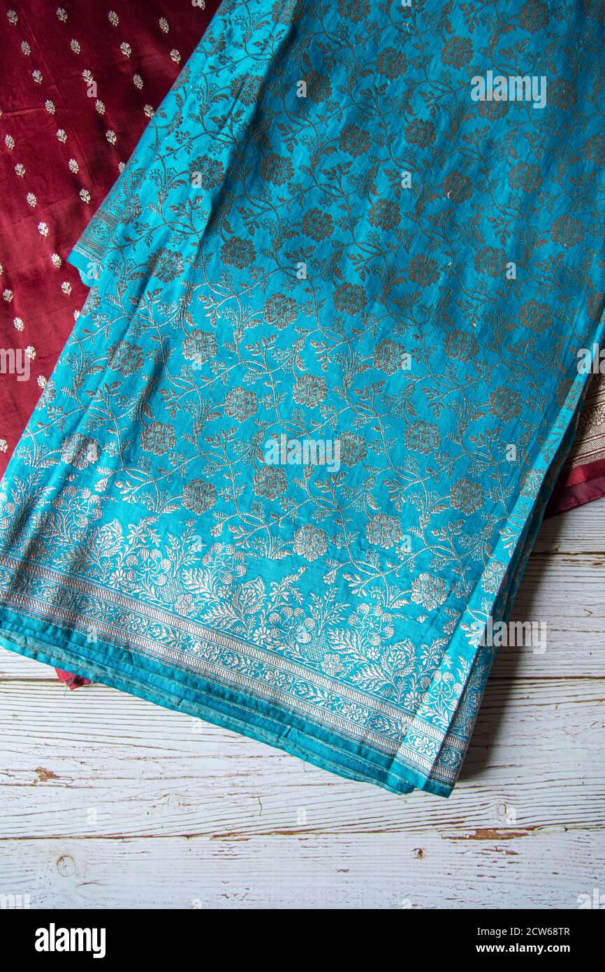 Blue benarasi silk sari on a background Stock Photo