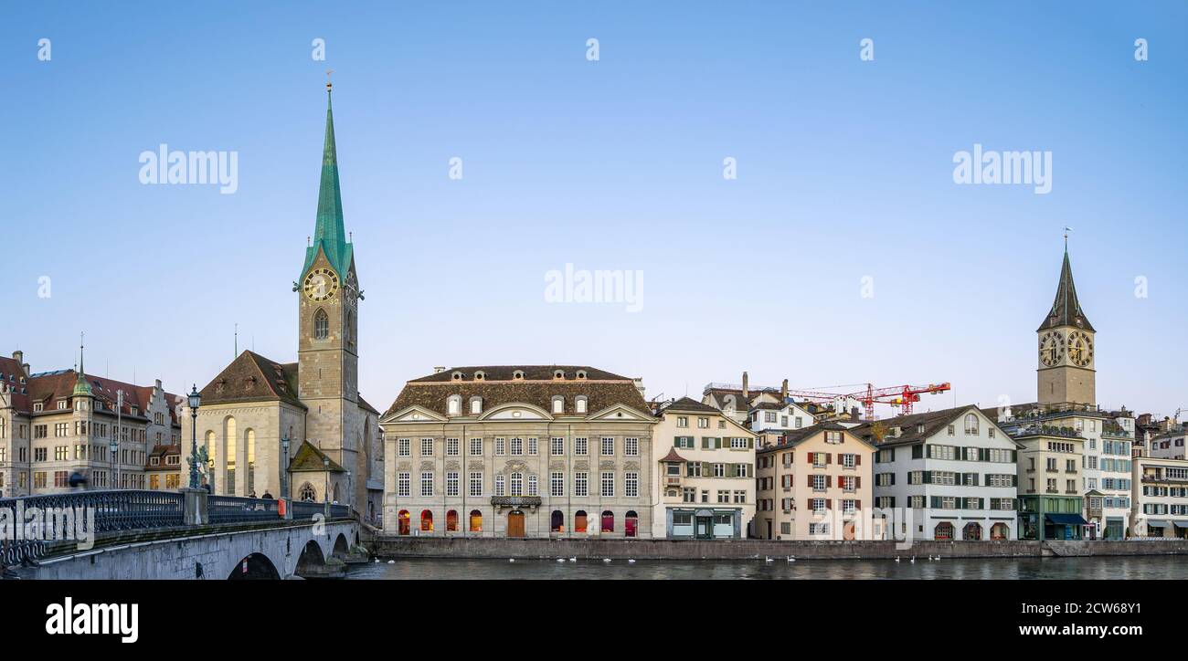Panorama view of Zurich city skyline with view of Fraumunster church in Switzerland. Stock Photo