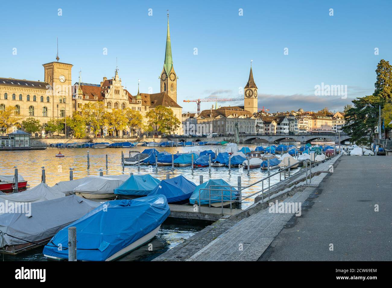 Limmat River with view of landmark building in Zurich, Switzerland. Stock Photo