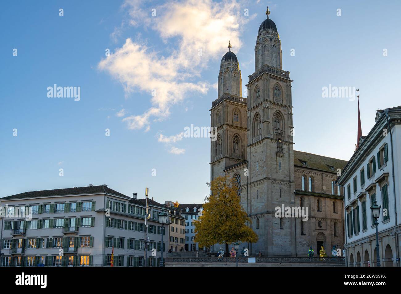 Grossmunster church with city skyline in Zurich, Switzerland. Stock Photo